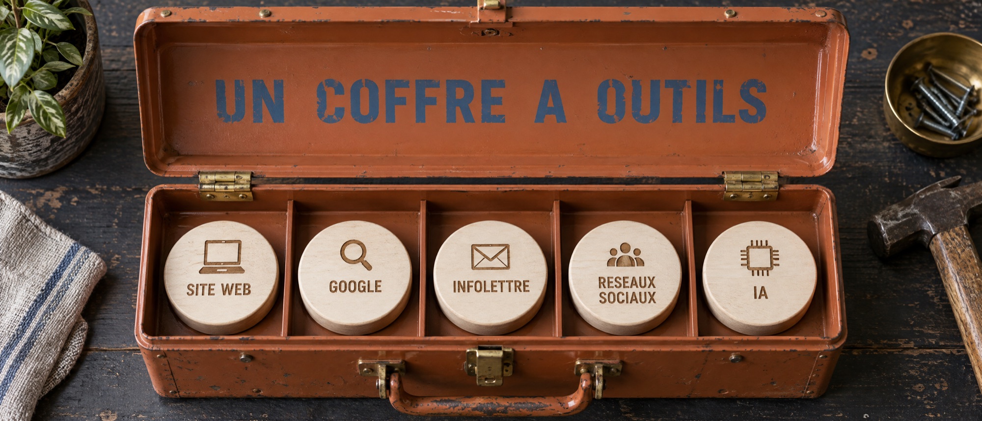 marketing en ligne : un coffre à outils avec site web, Google, infolettre, réseaux sociaux et IA