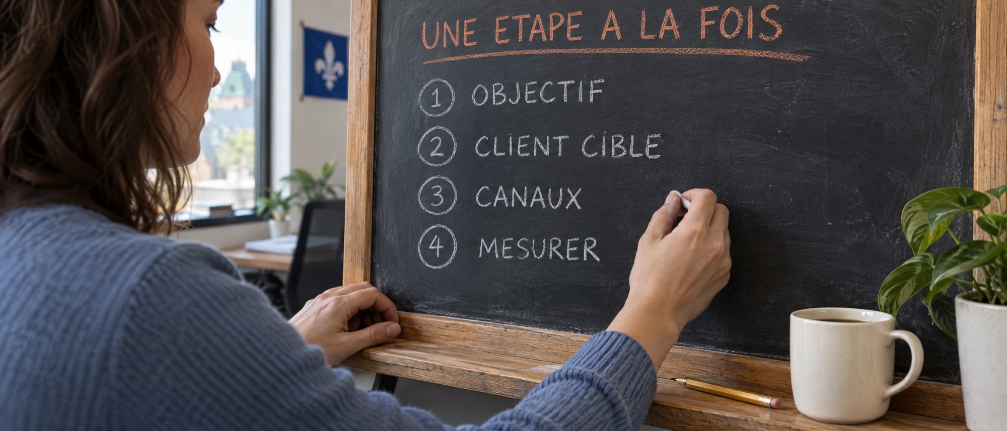 marketing en ligne : les 4 étapes du marketing digital écrites sur une ardoise