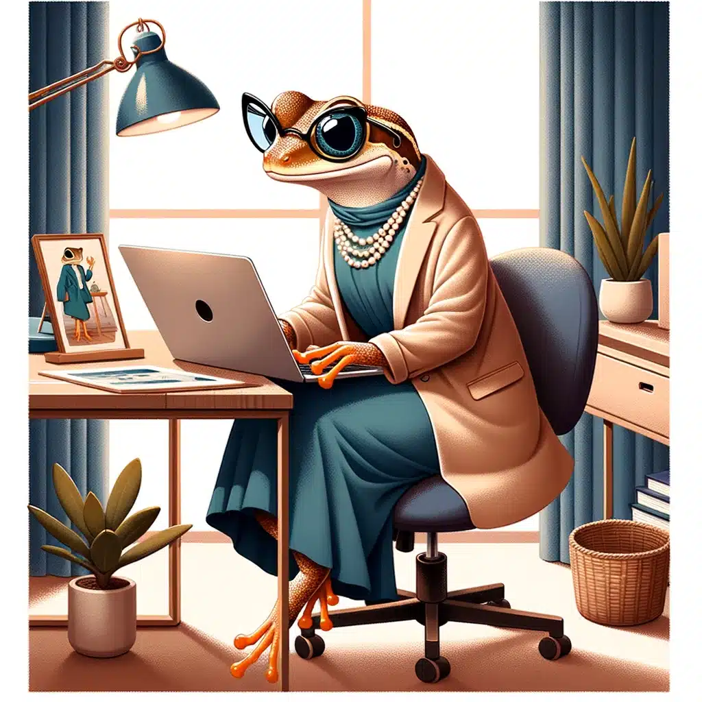 image AI grenouille portant des lunette et une robe, assise devant un ordinateur