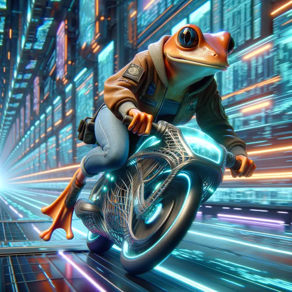 image AI grenouille sur une moto dans un monde futuriste