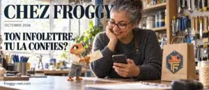 Propriétaire d'une quincaillerie de Saint-Eustache qui relit son infolettre Mailchimp sur son téléphone pendant que Mini Froggy lui tend une enveloppe