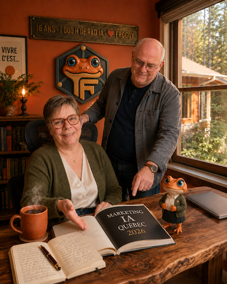 Valérie Payotte et Daniel collaborant au bureau de la Maison Froggy à Sainte-Anne-des-Lacs avec une figurine Mini Froggy sur la table de travail