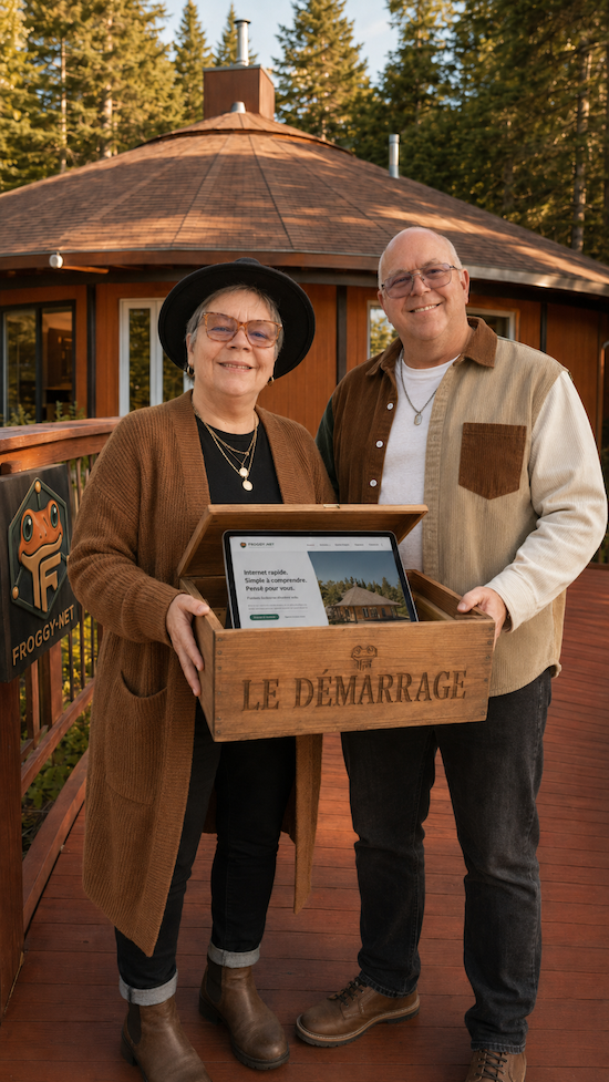 Valérie et Daniel présentant le kit clé en main « Le Démarrage » sur le deck terracotta de la Maison Froggy à Sainte-Anne-des-Lacs