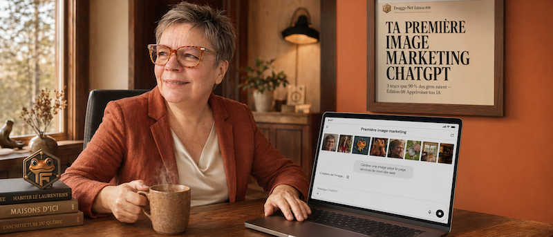 Valérie utilise ChatGPT pour générer sa première image marketing — Maison Froggy bureau matinal Sainte-Anne-des-Lacs