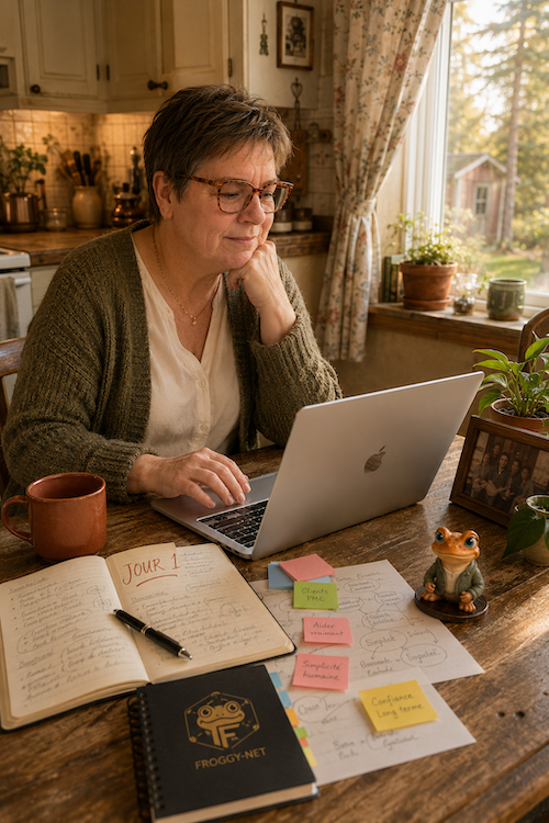 Valérie Payotte en 2009 dans un coin de cuisine québécois lançant Froggy-Net seule avec un MacBook ouvert