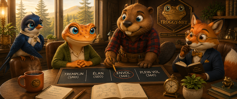 Mini Froggy avec Maurice le Castor, Olive la Hirondelle et Felix le Renard en réunion d'équipe Froggy autour d'un tableau noir avec les quatre forfaits écrits