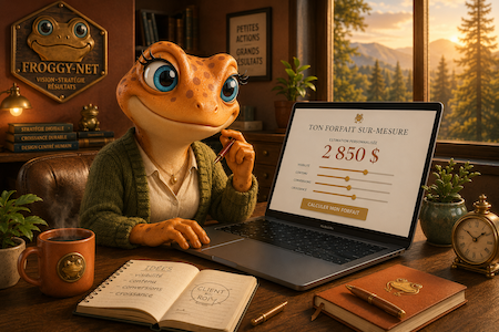 Mini Froggy curieuse devant un MacBook ouvert affichant le calculateur de forfait Froggy sur-mesure