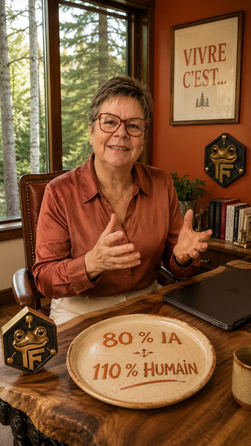 Valérie Payotte cofondatrice de Froggy-Net dans son bureau de la Maison Froggy, expliquant la formule 80 pour cent IA et 110 pour cent humain