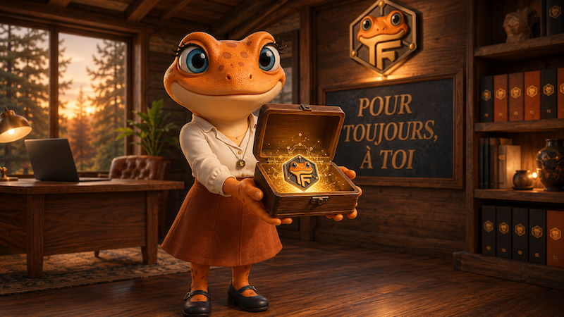 Mini Froggy remet le coffret du Projet Claude Pro au client — moment de transmission, autonomie acquise pour toujours