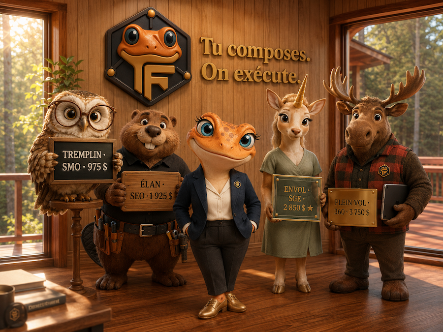 Mini Froggy et l'équipe d'amis Froggy-Net (Maurice le castor, Claire la chouette, Lila la cerf-licorne, Nora l'orignal) présentent les 4 banques marketing à la carte pour PME québécoises