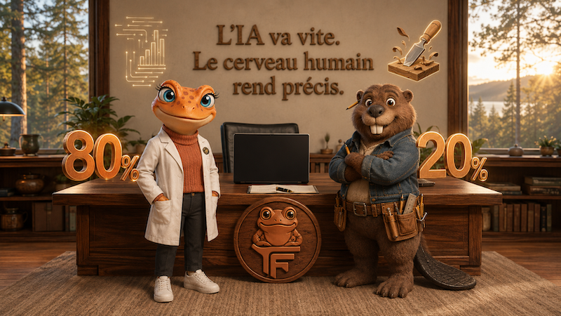 Mini Froggy en sarrau de laboratoire et Maurice le castor côte à côte illustrent la méthode Froggy 80% IA + 20% cerveau humain