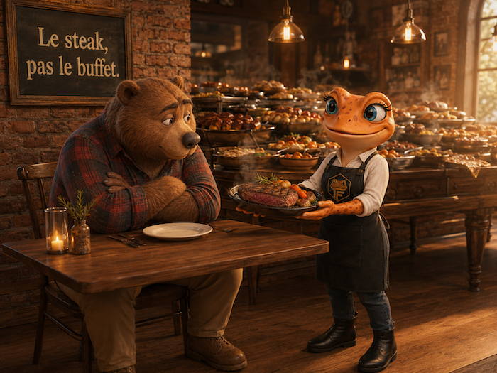 Léo l'ours entrepreneur attablé devant un buffet marketing surchargé pendant que Mini Froggy serveuse lui présente un seul bon steak — la métaphore Froggy de la banque à la carte