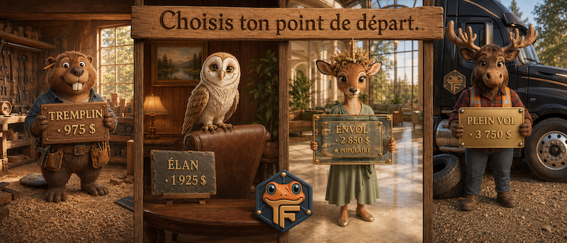 Claire la chouette et Lila la cerf-licorne, mascottes Froggy des banques marketing, présentent les 4 paliers Tremplin SMO, Élan SEO, Envol SGE et Plein Vol 360 sous une banderole 'Choisis ton point de départ'