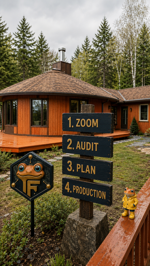 Maison Froggy au printemps 2026 dans les Laurentides, panneau gravé Zoom Audit Plan Production sur la terrasse en bois orange
