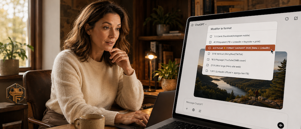 Coach Outaouais utilise interface ChatGPT pour cliquer sur image et changer le ratio aspect — popup 7 formats visibles