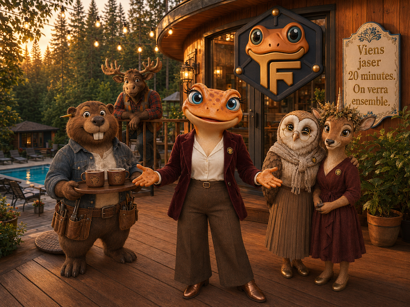 L'équipe d'amis Froggy — Mini Froggy, Maurice le castor, Claire la chouette, Lila la cerf-licorne et Nora l'orignal — sur le deck de la Maison Froggy au coucher de soleil, t'invite à un Café Zoom découverte gratuit de 20 minutes