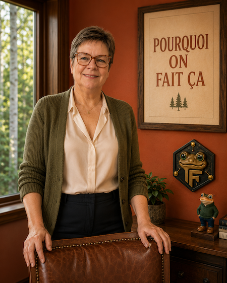 Portrait de Valérie Payotte fondatrice de Froggy-Net dans son bureau de la Maison Froggy, lunettes œil-de-chat bourgogne et or