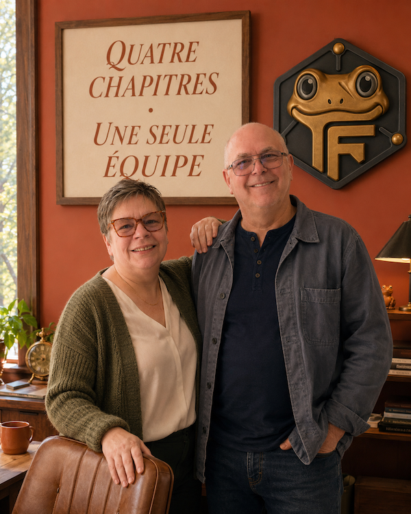 Valérie Payotte et Daniel cofondateurs de Froggy-Net dans leur bureau de la Maison Froggy à Sainte-Anne-des-Lacs