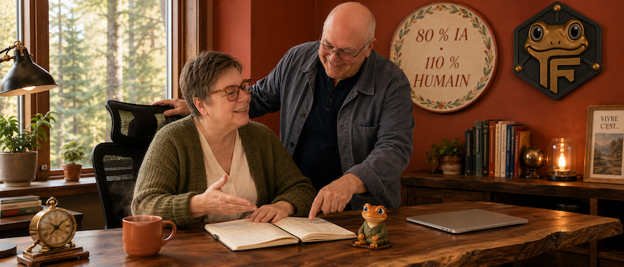 Valérie Payotte et Daniel en collaboration au bureau de la Maison Froggy avec figurine Mini Froggy et assiette céramique 80% IA 110% humain