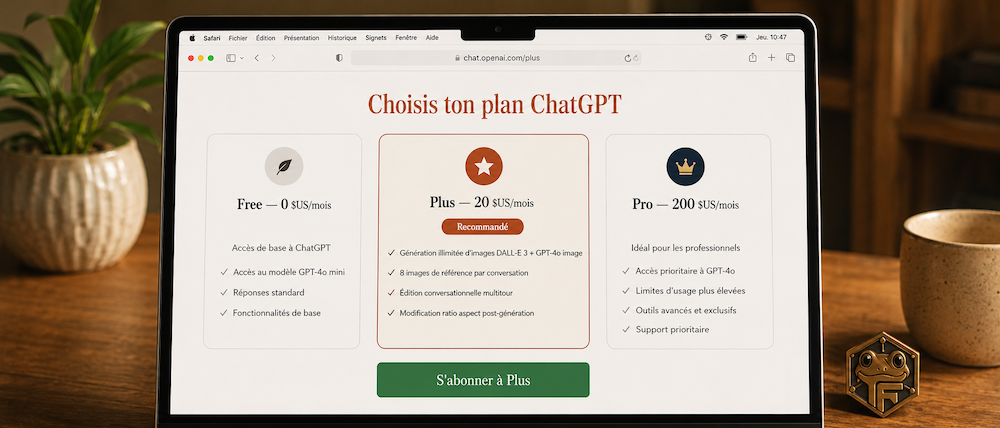 Capture écran page abonnement ChatGPT Plus 20 dollars US par mois — trois plans Free Plus Pro côte à côte
