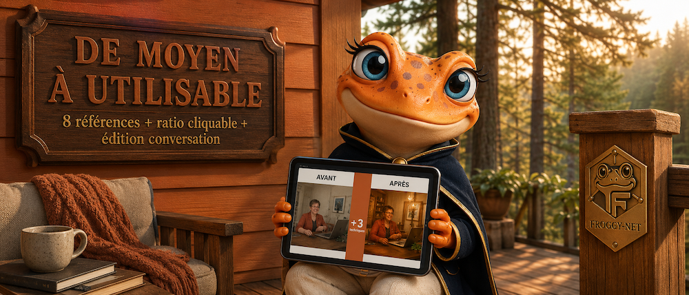 Mini Froggy victorieuse présente tablet avec comparaison AVANT APRÈS image marketing — résultat 3 techniques ChatGPT