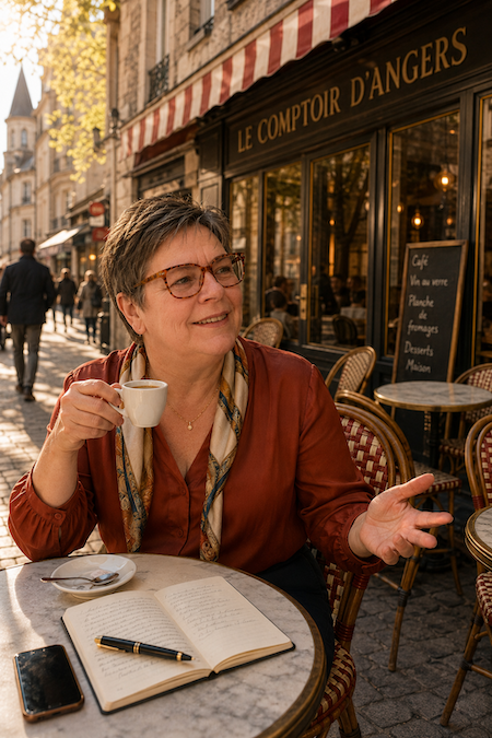 Valérie Payotte à la terrasse d'un bistrot français à Angers pendant son détour en France où elle a fondatrice du réseau C.M.E. (Club des Micro Entreprises)