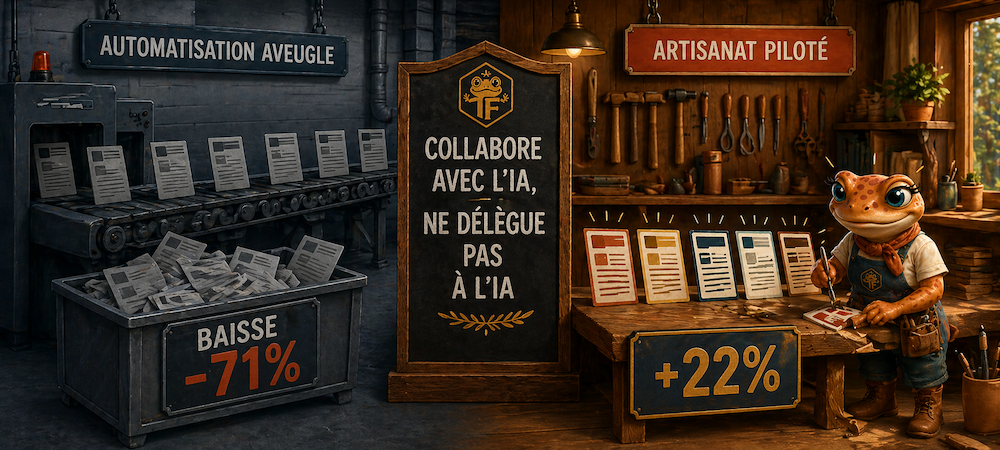 Collaborer avec l'IA vs déléguer à l'IA — pénalité Google contenu mass-produit moins 71 pour cent