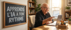 Entrepreneur québécois qui doit apprendre à utiliser l'IA marketing soi-même à son bureau