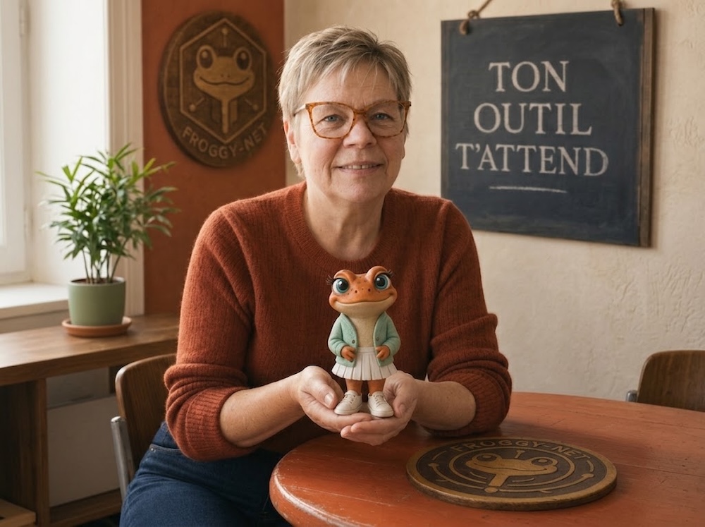 Valérie Payotte, cofondatrice et directrice créative de Froggy-Net, avec la figurine Mini Froggy