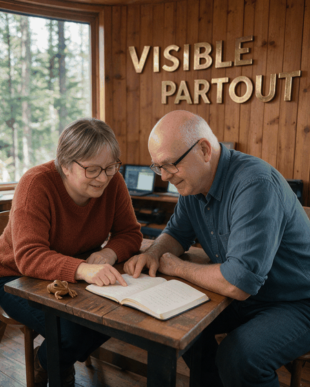 Valerie et Daniel penches ensemble sur le carnet dans la Maison Froggy, sous le slogan VISIBLE PARTOUT, l'equipe de l'agence de strategie marketing Froggy