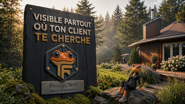 La Maison Froggy dans la forêt des Laurentides, slogan Visible partout où ton client te cherche