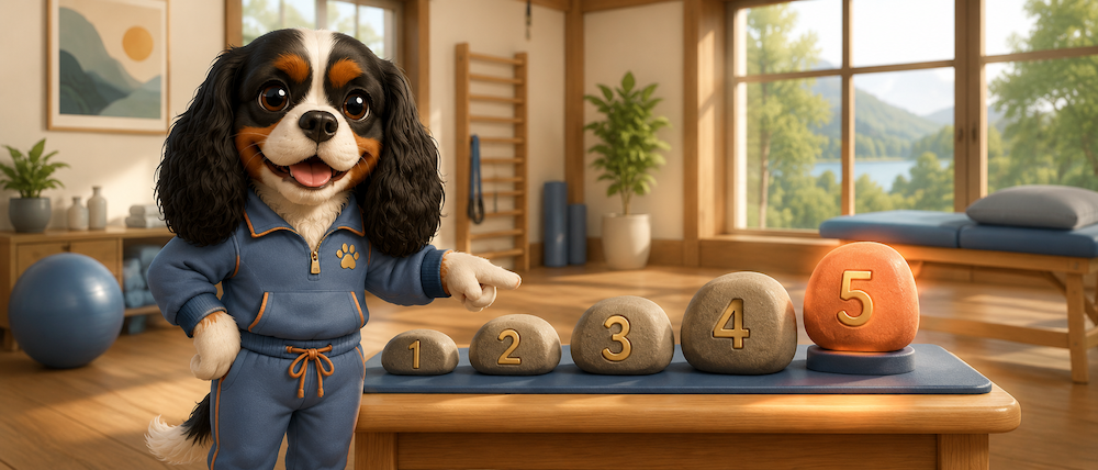 Baloo le Cavalier dans une clinique des Laurentides pointant 5 pierres numérotées, méthode marketing IA