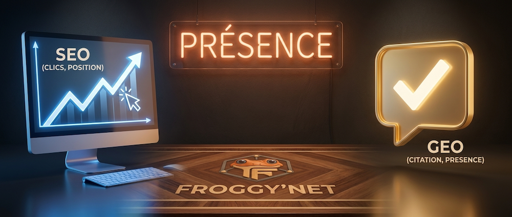 SEO mesure clics position ecran GEO mesure presence citation neon Froggy-Net