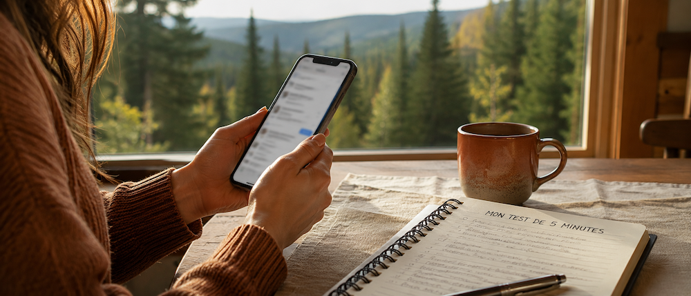 Entrepreneure testant sa visibilité IA sur son cellulaire, cuisine avec vue sur forêt des Laurentides