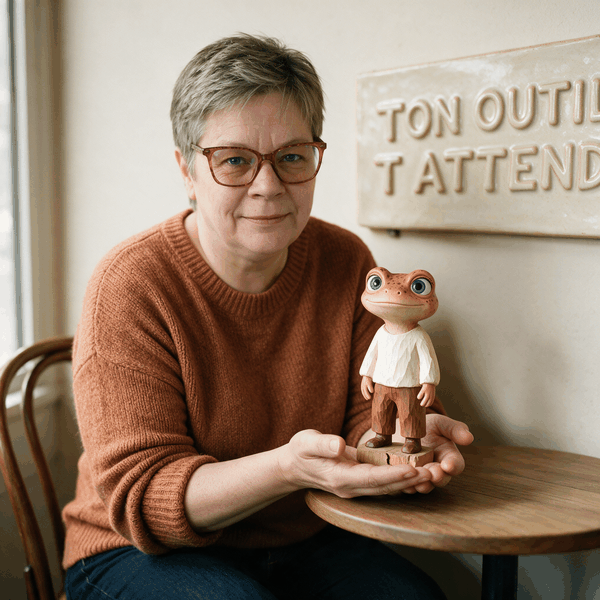 Valérie Payotte, fondatrice et directrice créative de Froggy-Net, avec la figurine Mini Froggy