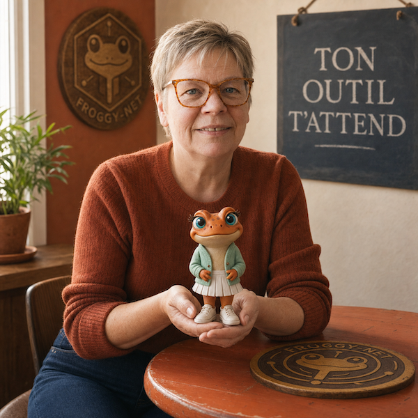 Valérie Payotte, fondatrice et directrice créative de Froggy-Net, avec la figurine Mini Froggy