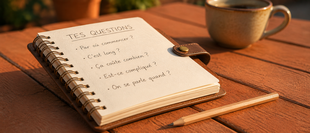 Carnet manuscrit avec questions sur un deck terracotta, foire aux questions marketing IA