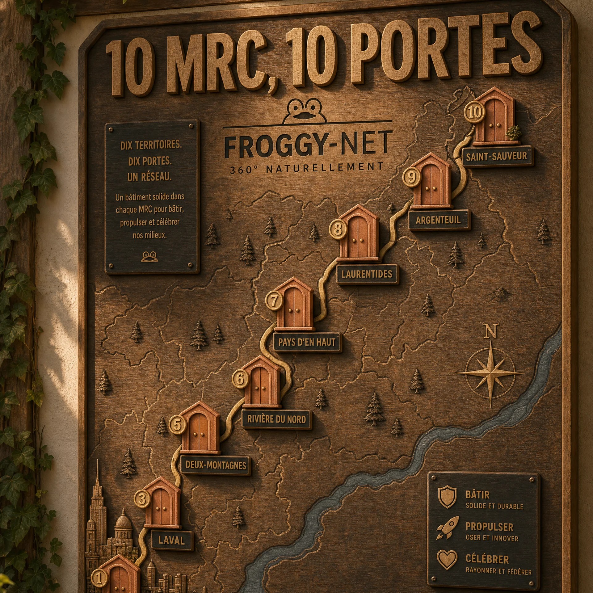 Carte en bois sculpté du corridor Montréal à Saint-Sauveur avec les portes numérotées des MRC et le logo Froggy-Net