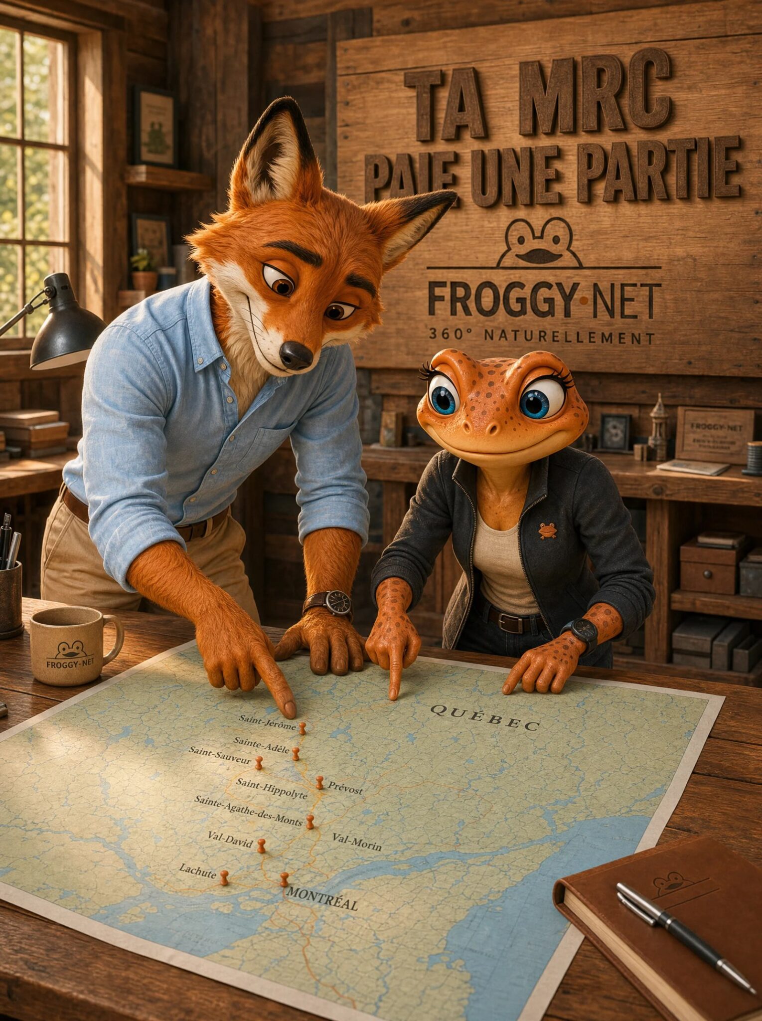 Mini Froggy et Felix le Renard pointent une carte du corridor Montréal à Saint-Sauveur, plaque gravée Ta MRC paie une partie et logo Froggy-Net