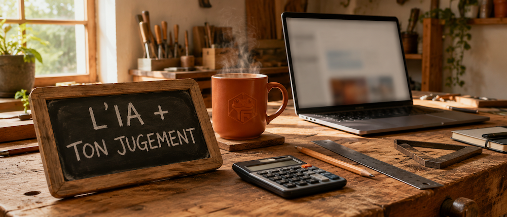 Établi d'artisan avec ordinateur et outils, marketing IA concret pour PME