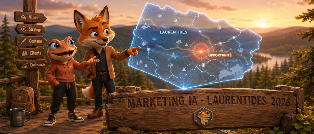 Mini Froggy et Felix le Renard devant une carte lumineuse des Laurentides, marketing IA PME Laurentides
