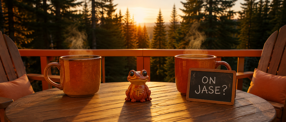 Deck terracotta de la Maison Froggy, deux tasses de café, fin de journée dans les Laurentides