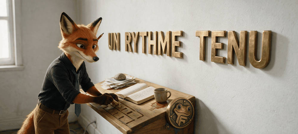 Felix le Renard a son pupitre devant le slogan UN RYTHME TENU, pour automatiser sa prospection LinkedIn sans perdre le ton humain