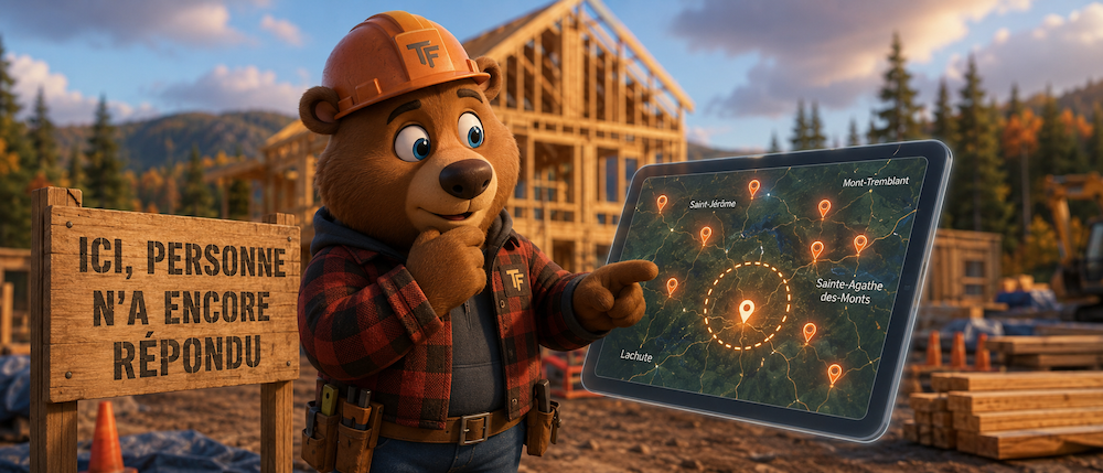 Dany l'Ours devant un chantier des Laurentides regardant une carte de concurrents
