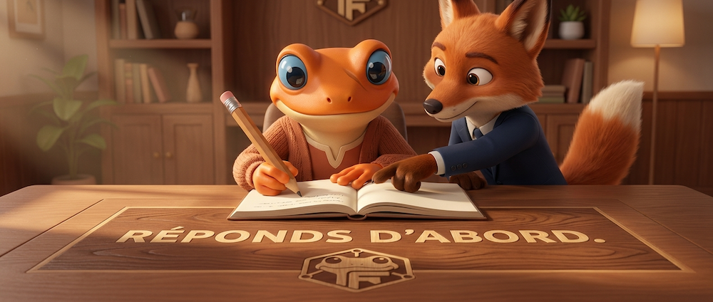 Mini Froggy et Felix le Renard repondent d'abord structure GEO bureau Froggy-Net