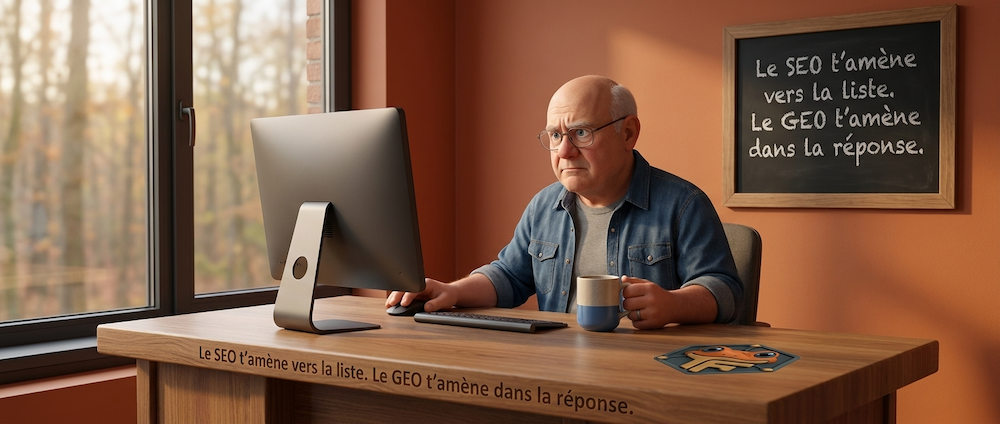 Daniel de Froggy-Net differencie SEO liste Google et GEO reponse IA a son bureau
