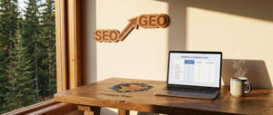 tableau comparatif SEO vs GEO 2026 affiche gravée bois bureau Froggy-Net