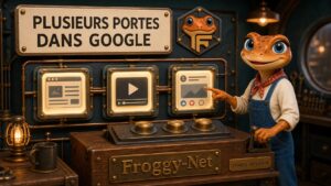 Mini Froggy relie un site web, une vidéo YouTube et une publication Facebook à plusieurs résultats Google.