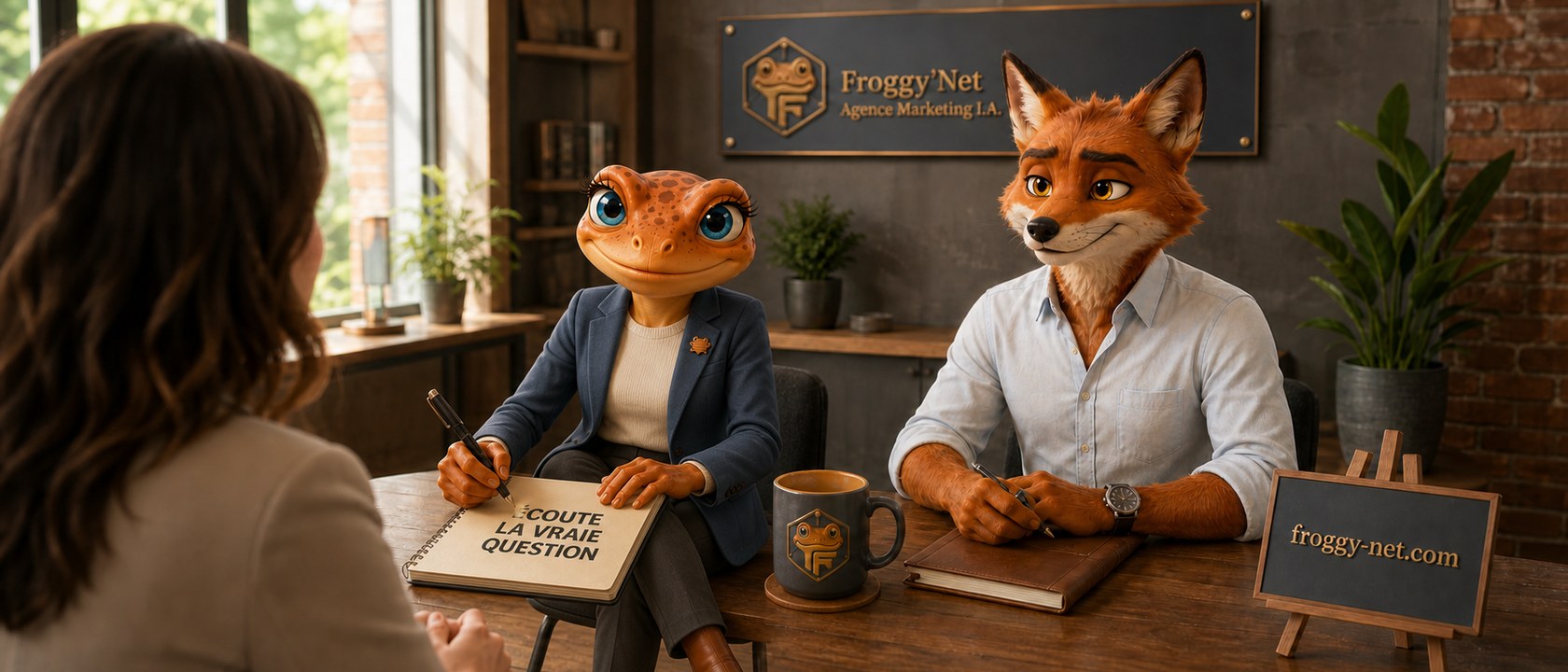 Mini Froggy et Félix écoutent une entrepreneure et consignent sa vraie question client.