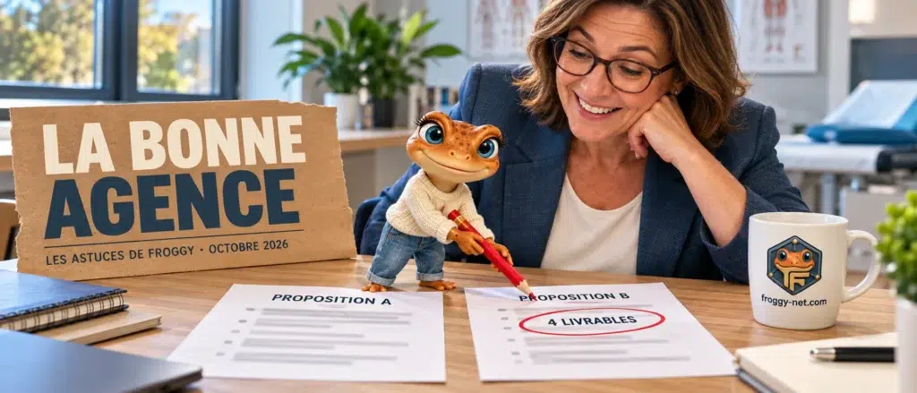 Directrice de clinique au Québec qui compare deux propositions d'agence marketing, Mini Froggy encercle 4 livrables au crayon rouge